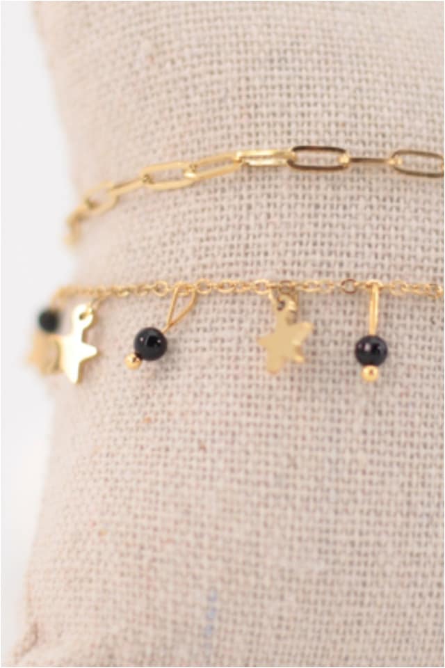 TOBILLERA DOBLE MUJER ACERO DORADO ESLABONES Y CADENA CON ESTRELLAS