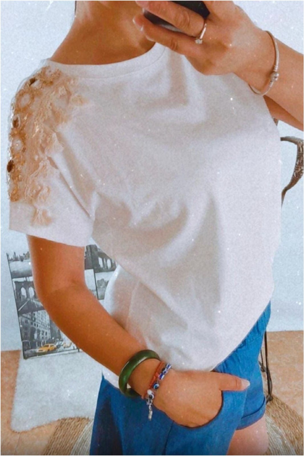 Camiseta mujer blanca con pedrería