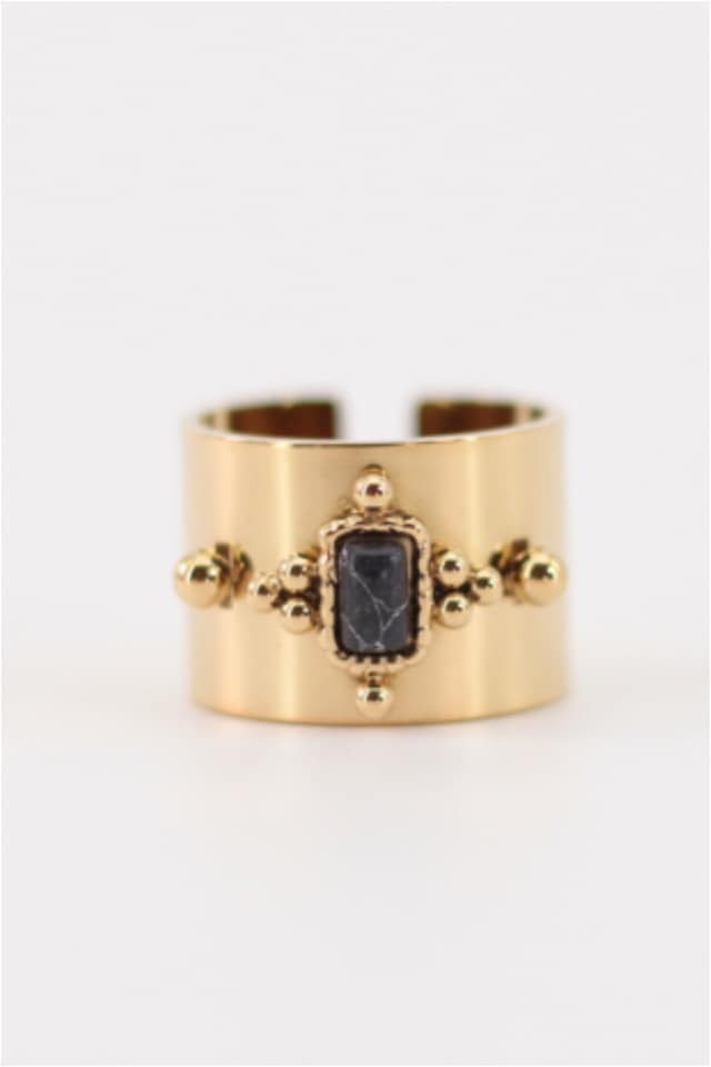 ANILLO MUJER ACERO DORADO GRUESO PIEDRA NEGRA