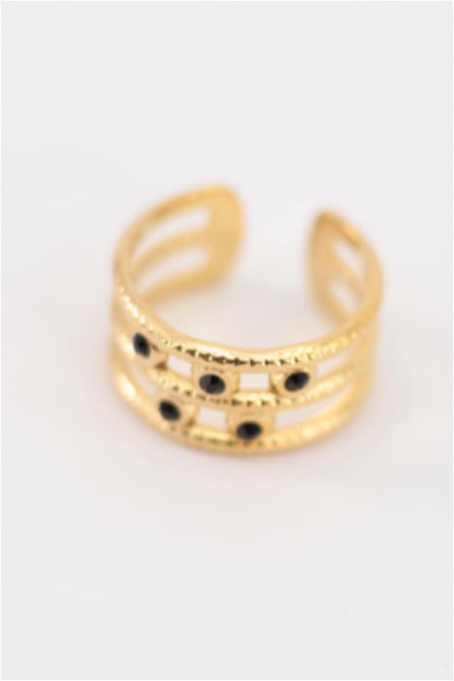 ANILLO MUJER ACERO DORADO PIEDRAS NEGRAS