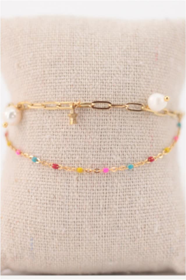 TOBILLERA DOBLE MUJER ACERO DORADO ESTRELLAS Y PERLAS