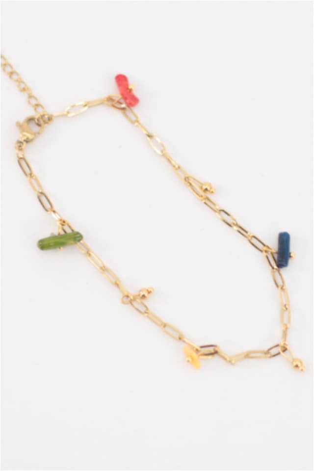 TOBILLERA MUJER ACERO DORADO PIEDRAS COLORES